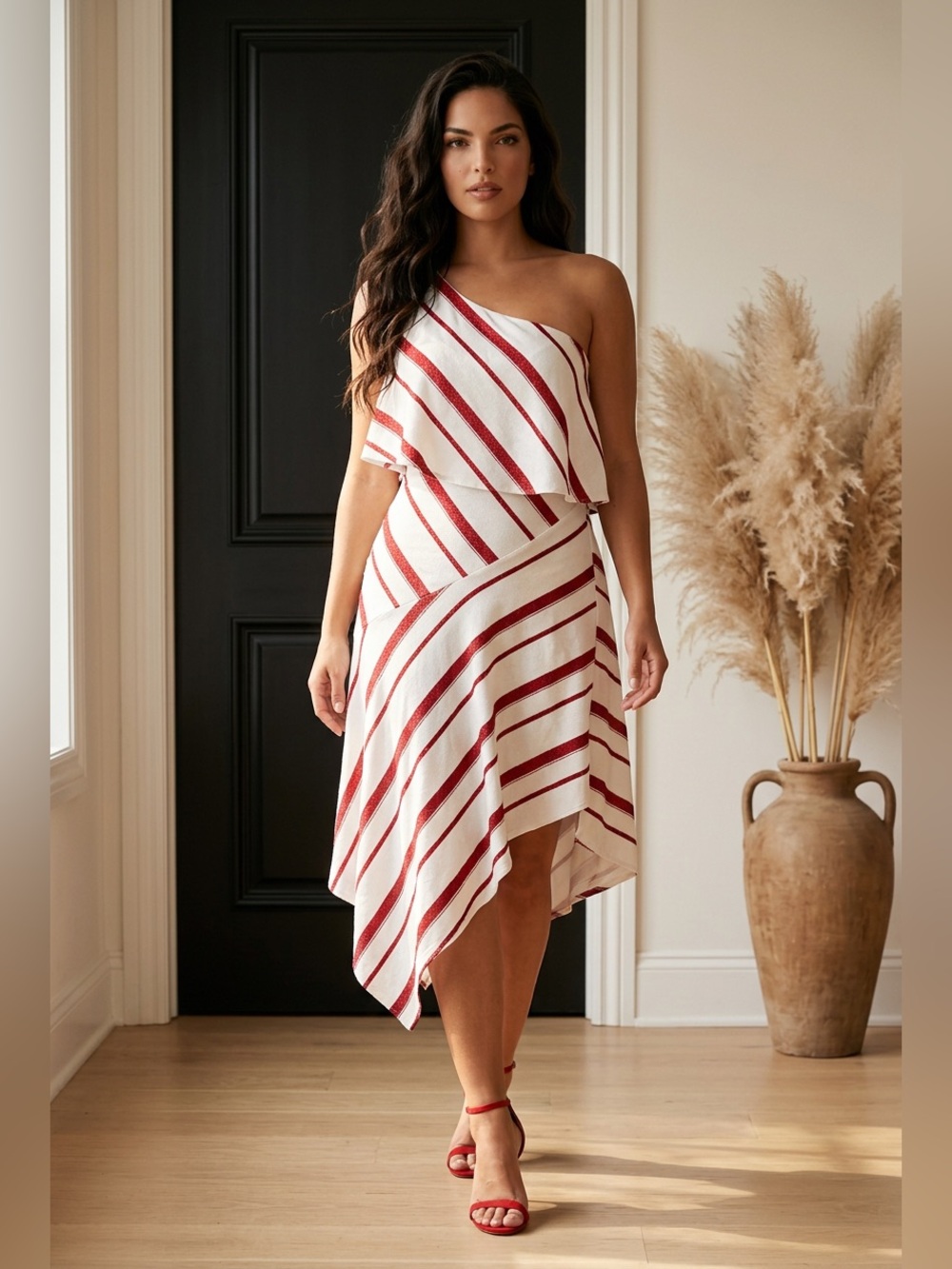 Banana Republic One-Shoulder Stripe Midi Dress - White & Red